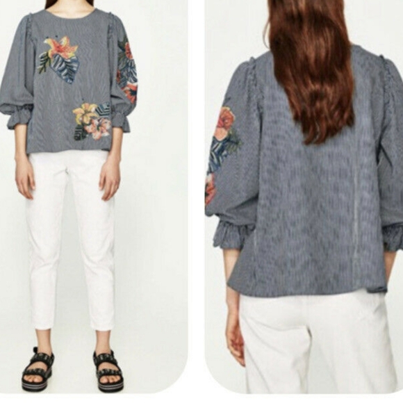 Zara striped balloon sleeve top with embroidery details - Picture 2 of 8